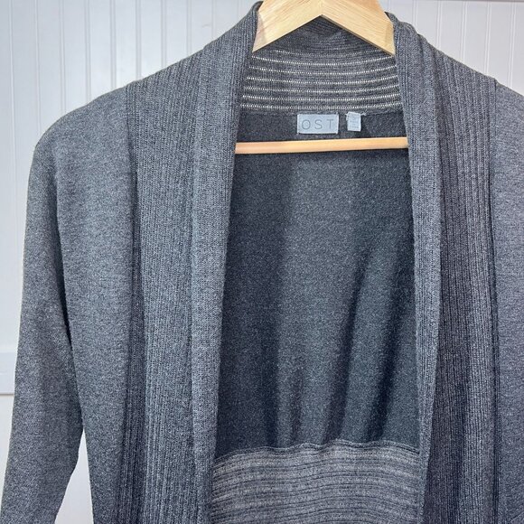 OST Gray Open Front Draped Waterfall Cardigan Sweater Long Sleeve Ribbed Knit - Picture 1 of 9